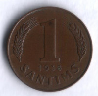 Монета 1 сантим. 1938 год, Латвия.