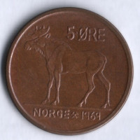 Монета 5 эре. 1969 год, Норвегия.