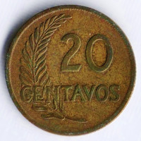 Монета 20 сентаво. 1955 год, Перу.