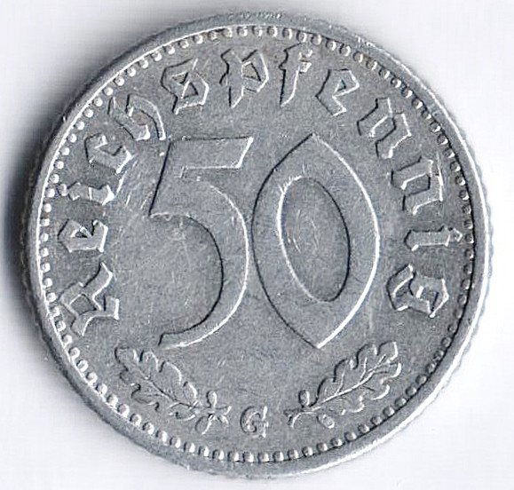 Монета 50 рейхспфеннигов. 1935 год (G), Третий Рейх.