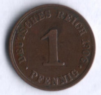 Монета 1 пфенниг. 1906 год (A), Германская империя.