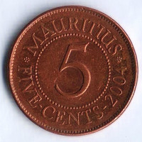 Монета 5 центов. 2004 год, Маврикий.