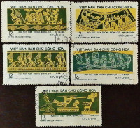 Набор почтовых марок (5 шт.). "Древние гравюры на бронзовых барабанах". 1973 год, Вьетнам.