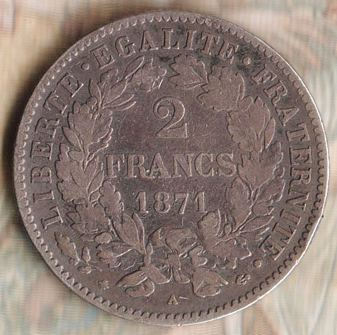Монета 2 франка. 1871(A) год, Франция. "A" - уменьшенная.