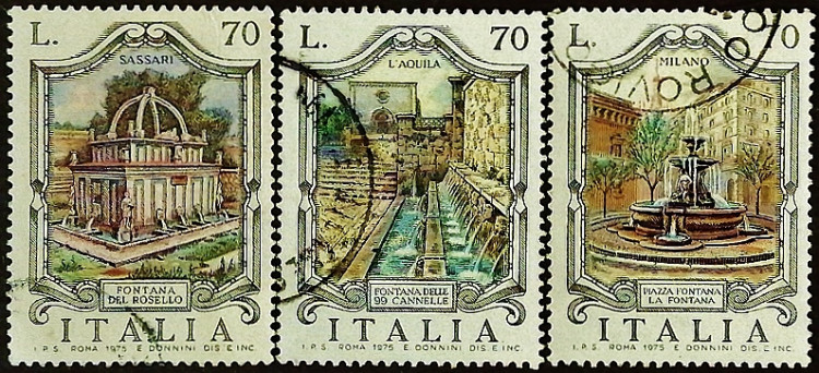 Набор почтовых марок (3 шт.). "Фонтаны". 1975 год, Италия.