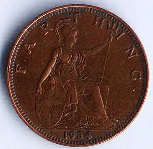 Монета 1 фартинг. 1934 год, Великобритания.