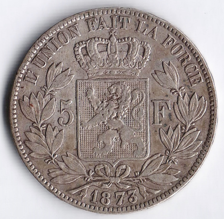 Монета 5 франков. 1873 год, Бельгия (Des Belges).