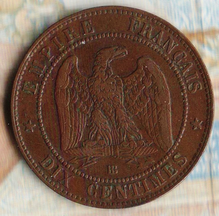 Монета 10 сантимов. 1861(BB) год, Франция.