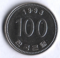 Монета 100 вон. 1993 год, Южная Корея.