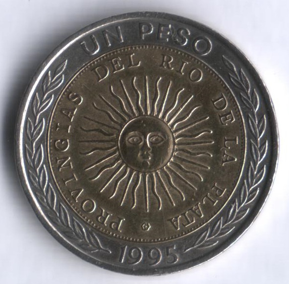Монета 1 песо. 1995 год "В", Аргентина. Дизайн первой аргентинской монеты. Тип 3.