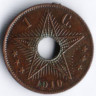 Монета 1 сантим. 1910 год, Бельгийское Конго.