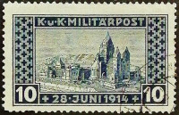 Почтовая марка (10+2 h.). "Поминальная церковь, Сараево". 1917 год, Босния и Герцеговина (австро-венгерская администрация).