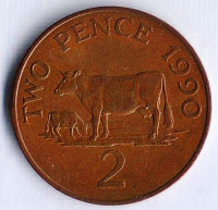 Монета 2 пенса. 1990 год, Гернси.