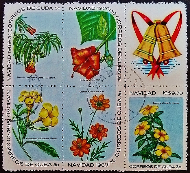Сцепка почтовых марок (5 шт.). "Рождество 1969 - Цветы (II)". 1969 год, Куба.