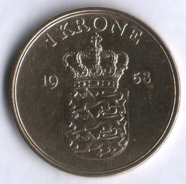 Монета 1 крона. 1958 год, Дания. C;S.