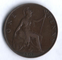 Монета 1 пенни. 1905 год, Великобритания.