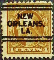 Почтовая марка (4 c.). "Джордж Вашингтон". 1916 год, США. Предварительное гашение "NEW/ORLEANS./LA.".