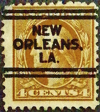 Почтовая марка (4 c.). "Джордж Вашингтон". 1916 год, США. Предварительное гашение "NEW/ORLEANS./LA.".