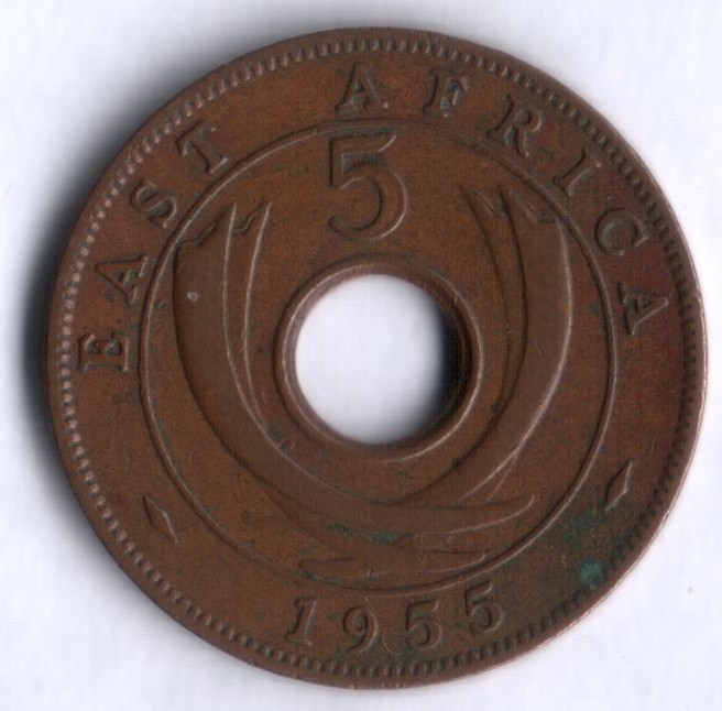 Монета 5 центов. 1955(KN) год, Британская Восточная Африка.