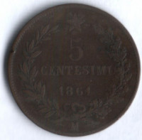 Монета 5 чентезимо. 1861"М" год, Италия.