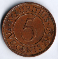 Монета 5 центов. 1969 год, Маврикий.