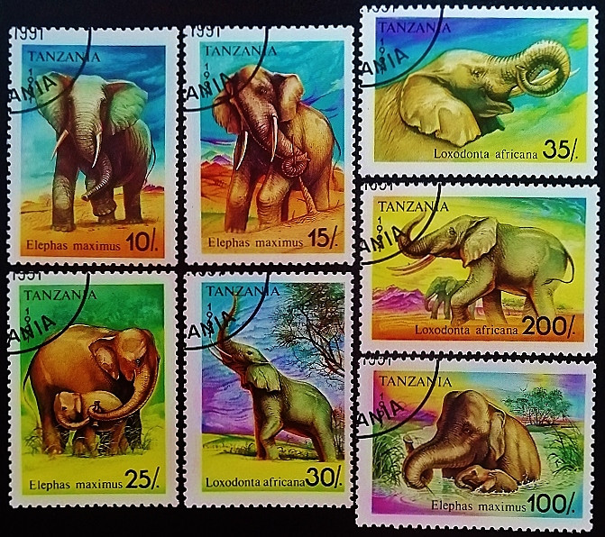 Набор почтовых марок (7 шт.). "Слоны". 1991 год, Танзания.