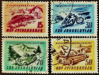 Набор почтовых марок (4 шт.). "Адриатические автомобильные и мотоциклетные гонки". 1953 год, Югославия.