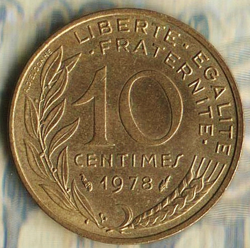 Монета 10 сантимов. 1978 год, Франция. Монета 10 сантимов. 1978 год, Франция.