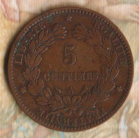 Монета 5 сантимов. 1897(A) год, Франция. "Факел". "A" - увеличенная.