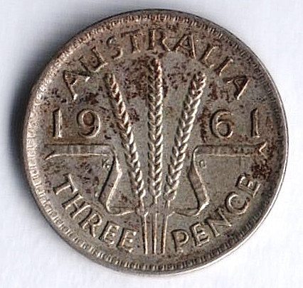 Монета 3 пенса. 1961(m) год, Австралия.