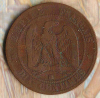 Монета 10 сантимов. 1863(BB) год, Франция.
