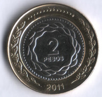 Монета 2 песо. 2011 год, Аргентина. 200 лет Революции.