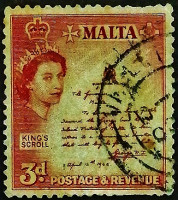 Почтовая марка (3 p.). "Королева Елизавета II - Свиток короля". 1956 год, Мальта.