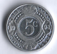 Монета 5 центов. 1998 год, Нидерландские Антильские острова.