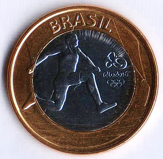 Монета 1 реал. 2014 год, Бразилия. Олимпийские Игры "Рио-2016", лёгкая атлетика.