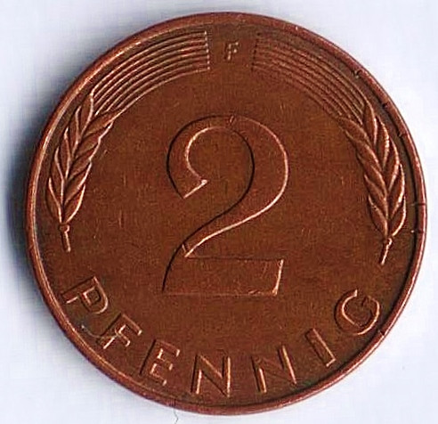 Монета 2 пфеннига. 1989(F) год, ФРГ.