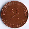 Монета 2 пфеннига. 1989(F) год, ФРГ.