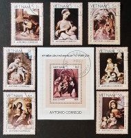 Набор почтовых марок (7 шт.) с блоком. "450 лет со дня смерти Антонио Корреджо". 1984 год, Вьетнам.