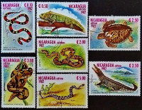 Набор почтовых марок (7 шт.). "Рептилии". 1982 год, Никарагуа.