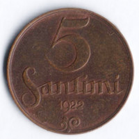 Монета 5 сантимов. 1922 год, Латвия. Без отметки М/Д.