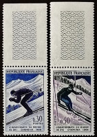 Набор почтовых марок (2 шт.). "Чемпионат мира по горным лыжам, Шамони-1962". 1962 год, Франция.