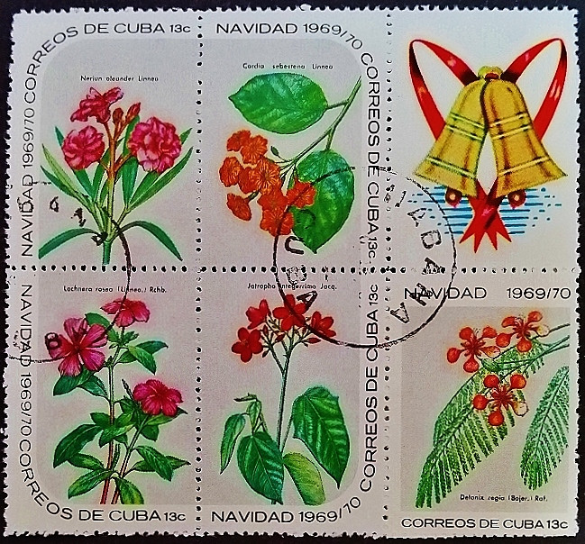 Сцепка почтовых марок (5 шт.). "Рождество 1969 - Цветы (III)". 1969 год, Куба.
