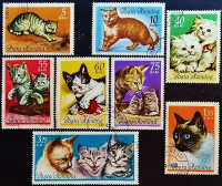 Набор почтовых марок (8 шт.). "Домашние кошки". 1965 год, Румыния.
