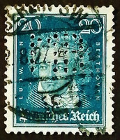 Марка (перфин) "MB". "Людвиг ван Бетховен". 1928 год, Германский рейх.