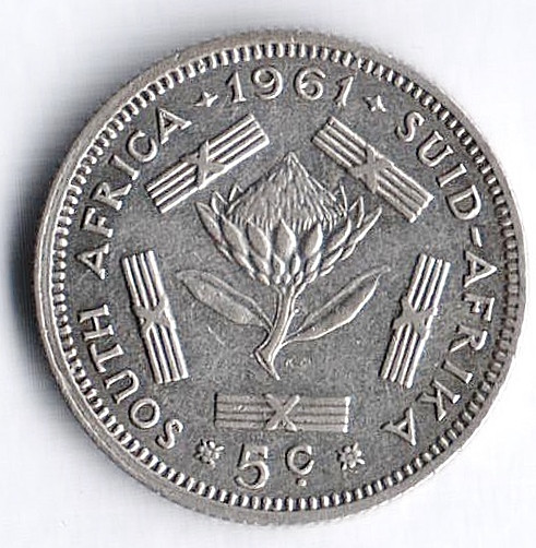 Монета 5 центов. 1961 год, ЮАР.