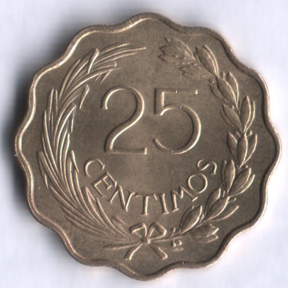 Монета 25 сентимо. 1953 год, Парагвай.