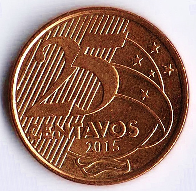 Монета 25 сентаво. 2015 год, Бразилия.
