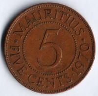 Монета 5 центов. 1970 год, Маврикий.