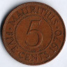 Монета 5 центов. 1970 год, Маврикий.