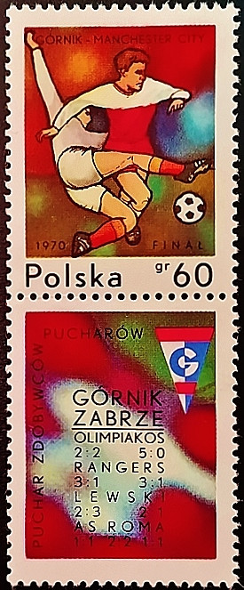 Марка почтовая с этикеткой. "Финал Кубка обладателей кубков УЕФА". 1970 год, Польша.